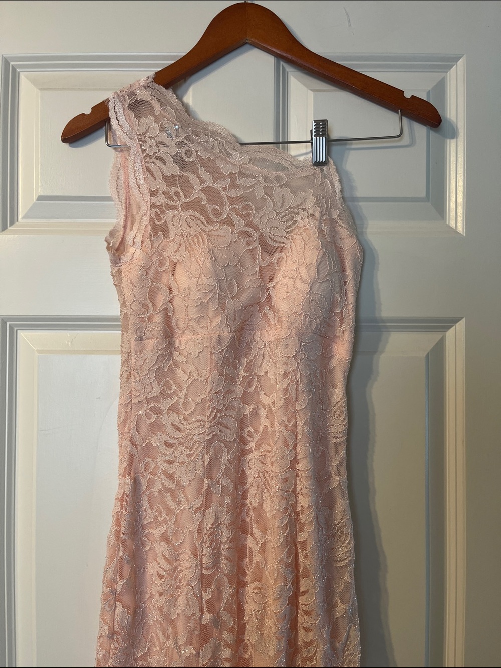 David’s Bridal Lace One-Shoulder Dress in Blush Pink